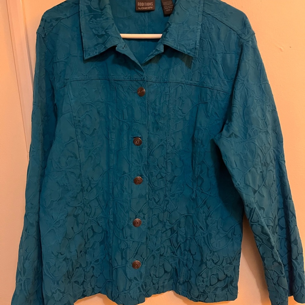 Chico's Teal Textured Button-Up Blouse size 3 or approx XL